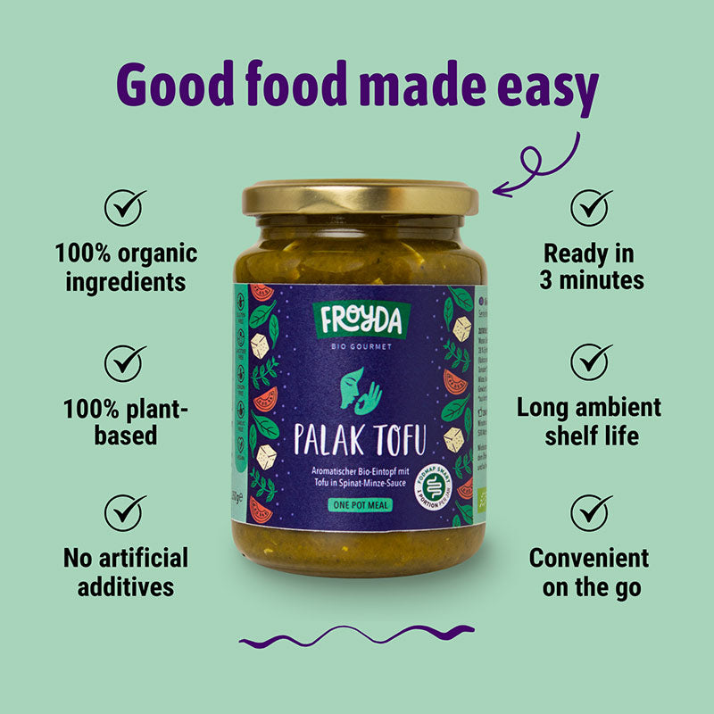 Froyda organic Palak Tofu jar - vegan plant-based ready meal.